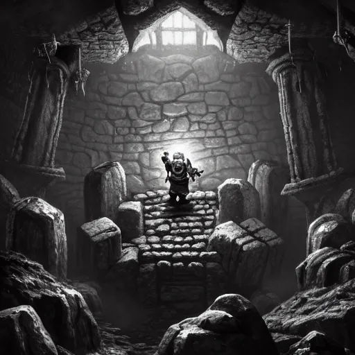 Image similar to dwarf fortress fan art, hd, 8 k, giant, epic, realistic photo, unreal engine, stone walls, prayer, powerful, cinematic lighting, small blobs, dungeon, violent, friendly, ray tracing, dynamic, epic composition, bright, fantastic, amusing, funny, monochrome drawing