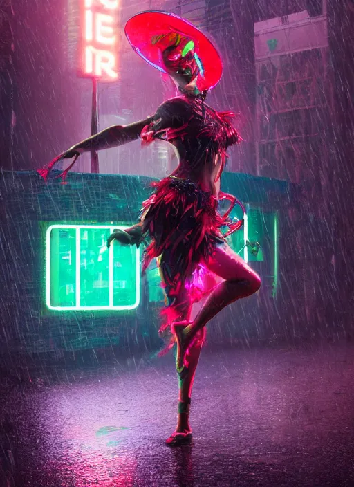 Image similar to An epic fantasy comic book style full body portrait painting of a very beautiful imposing cyberpunk Hula Dancer dancing in the rain, neon reflections in the rain puddles, character design by Mark Ryden and Pixar and Hayao Miyazaki, unreal 5, DAZ, hyperrealistic, octane render, cosplay, RPG portrait, dynamic lighting, intricate detail, cinematic