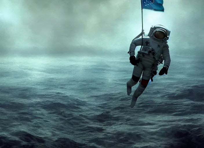 Image similar to astronaut holding a flag in an underwater desert. a submarine is visible in the distance. dark, concept art, cinematic, dramatic, atmospheric, 8 k, trending on artstation, blue, fish, low visibility, fog, ocean floor, christopher nolan, interstellar