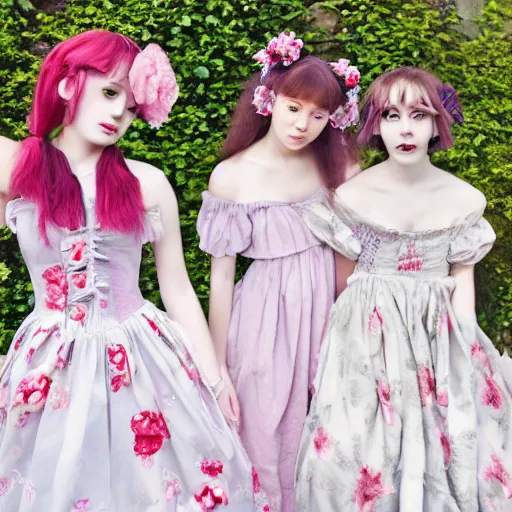 Image similar to renaissance, realistic, group of creepy young ladies pink cheeks wearing renaissance harajuku manga dress pale grey and white flowers, background chaotic flowers