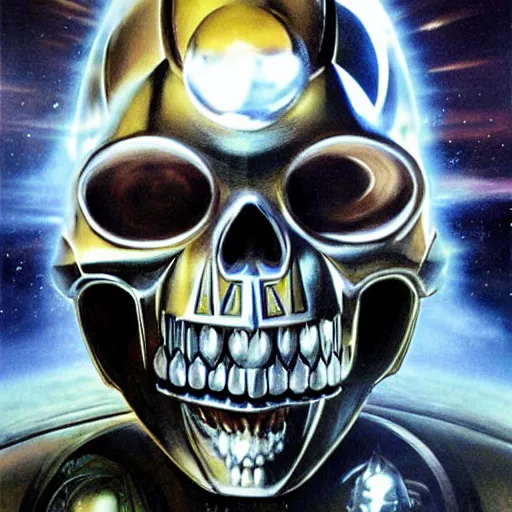 Image similar to high fantasy 1 9 8 0's wargame airbrushed artwork, a giant silver reflective chrome android wearing a mask shaped like an intricately carved beautiful human skull with glowing laser eyes, golden giant battle armor, inside a futuristic army base