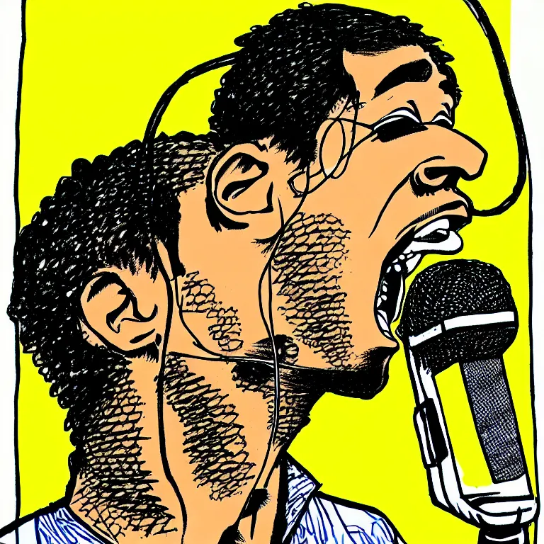 Prompt: rapping into microphone, epic angle, profile view, illustrated by Victor Moscoso