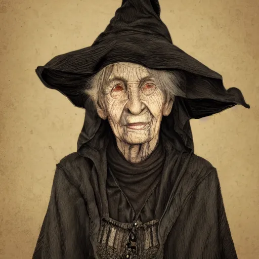 Image similar to portrait, old wrinkled witch. dark clothes. high detail, great lighting, 8k resolution, masterpiece, concept art, illustration