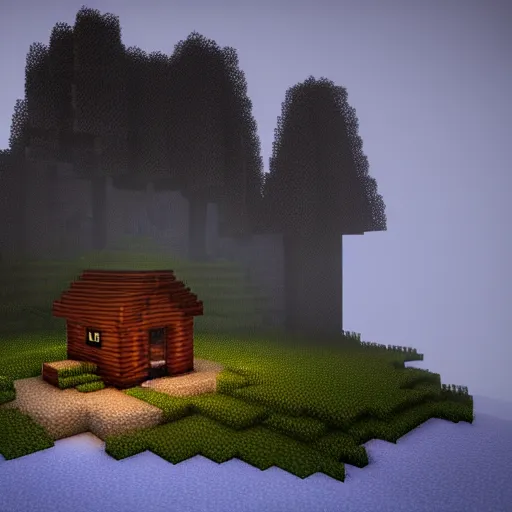 Image similar to atmospheric render of a small cabin next to a lake inside a dark cavern, minecraft, rendered with blender, 4 k