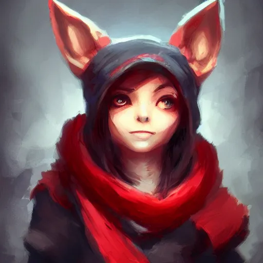 Prompt: Yordle Female portrait, cute, Red Scarf, Earnest, diminutive by Anato Finnstark, Tony Sart highly detailed, digital illustration, concept art