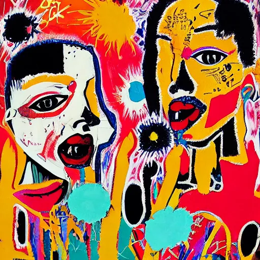 Image similar to acrylic painting of two bizarre psychedelic goth women kissing in japan in a lot of trouble, speculative evolution, mixed media collage by basquiat and jackson pollock, maximalist magazine collage art, sapphic art, psychedelic illustration