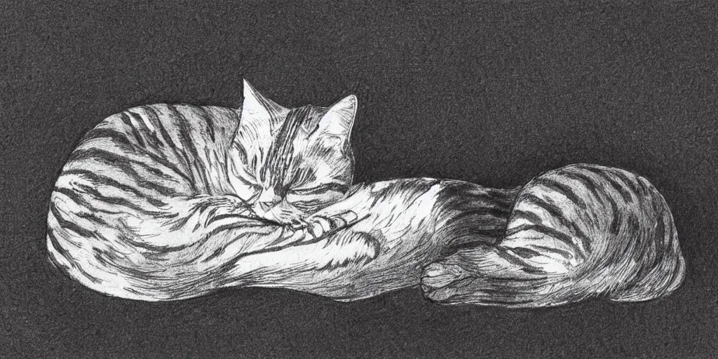 Image similar to ink lineart drawing of a sleeping cat, white background, etchings by goya, chinese brush pen illustration, high contrast, deep black tones, contour