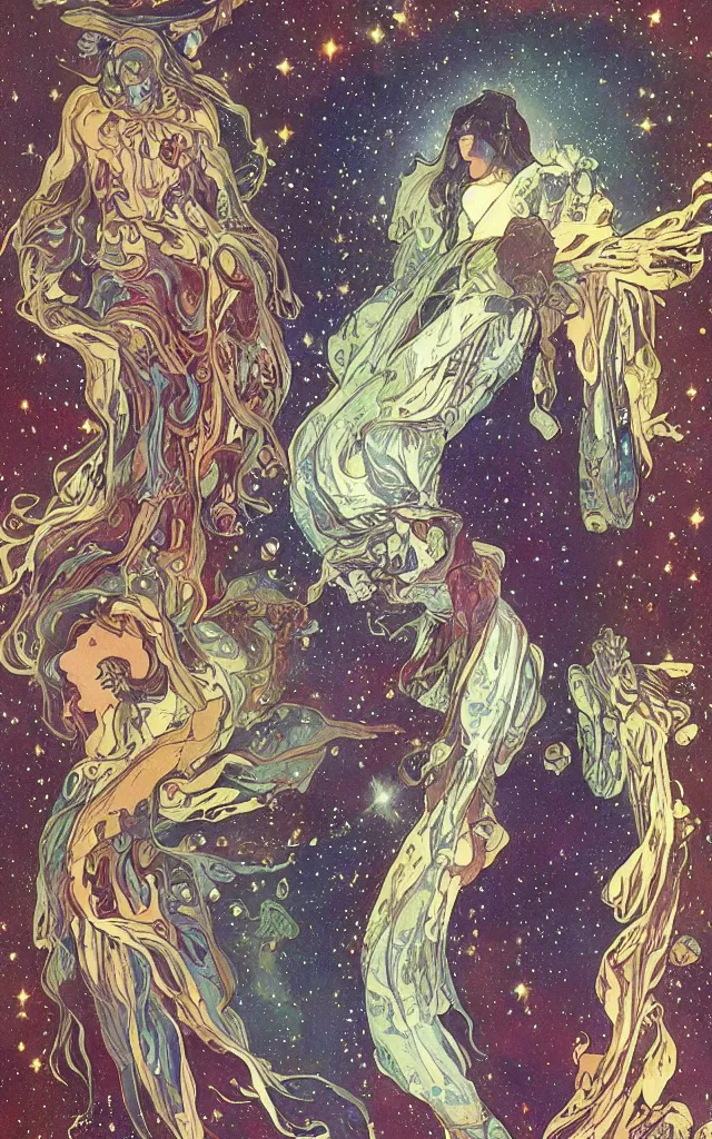 Image similar to Carl Sagan cosmic nebulae, by tomer hasuka and by alphonse mucha.