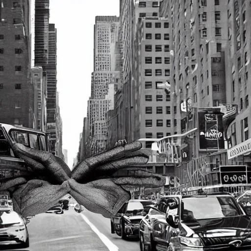 Image similar to a giant hand appear from street of new york