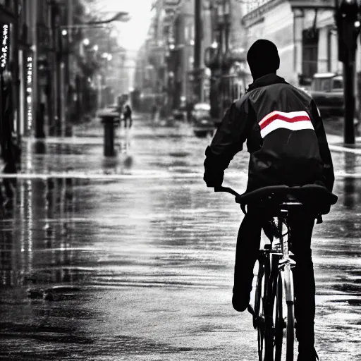 Image similar to a delivery guy wearing red jacket cycling in black and white street, rainy weather, 4 k, realistic, trending on artstation