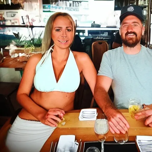 Image similar to photo of a 4 0 year old man that looks young for his age dating a very attractive 2 2 year old woman wearing a bikini. they are are in a restaurant.