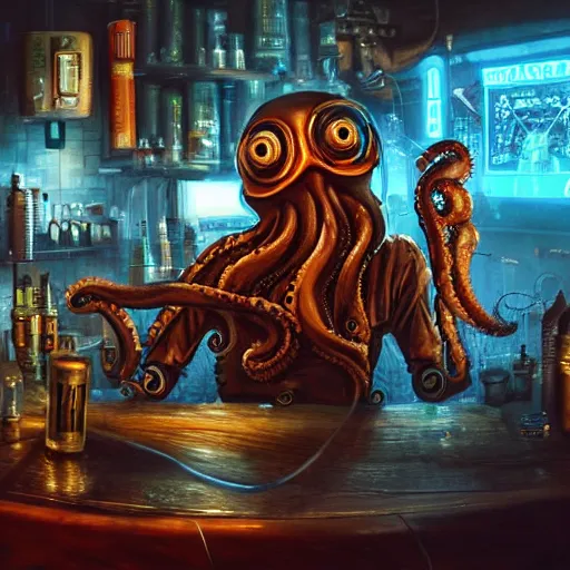 Image similar to a high quality portrait of octopus Davy Jones in a cyberpunk cyberpunk cyberpunk cafe, realism, 8k, award winning photo