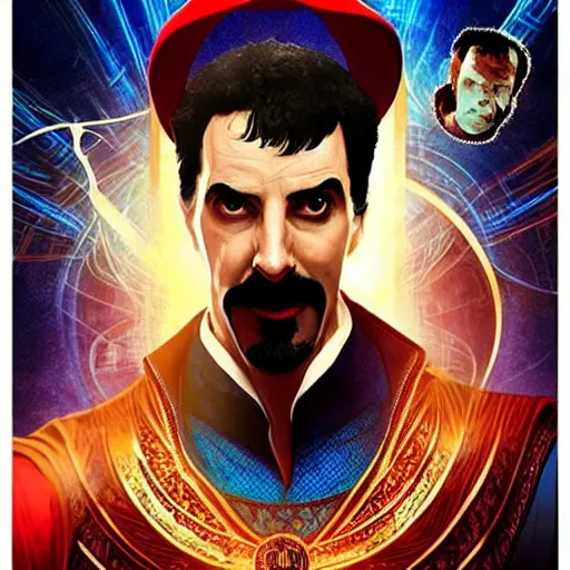 Image similar to “borat as dr strange, poster, highly detailed, dynamic poster, marvel, sci-fi, super heroes, concept art”