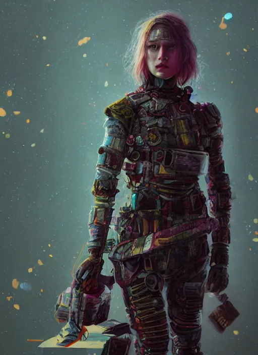 Prompt: detailed full body concept colorful pastel painting of a dystopian female road warrior in intricate clothing, cinematic lighting, hyperdetailed, 8k, high resolution, insanely detailed and intricate, octane render, vfx, postprocessing, alluring