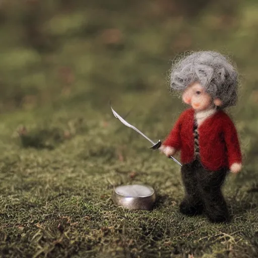 Image similar to needle felted bilbo wants the ring from frodo from the fellowship of the ring (2001), highly detailed, dslr, tilt shift, eerie, hyperrealism, highly textured