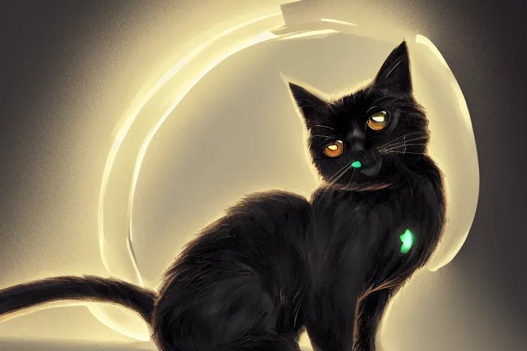 Prompt: meowing black cat sitting next to a glowing doorway, digital illustration, artstation, artstation hq, hd