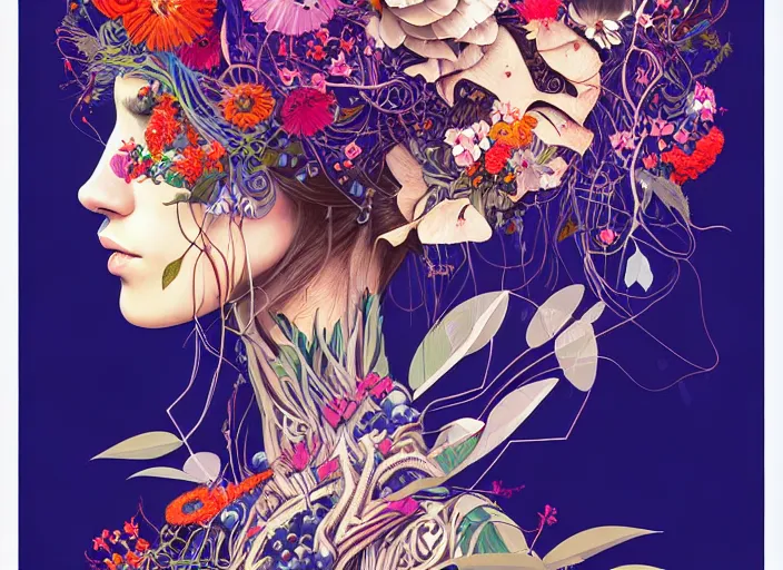 Image similar to a painting of a beautiful cyborg girl with a lot of flowers and blueberries and exotic plants on its head, poster art by android jones, behance contest winner, generative line art, made of flowers, grotesque, concert poster