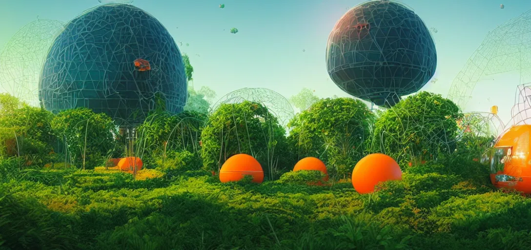 Prompt: futuristic garden with wireframe observatory and orange cube buildings with plants growing on top sci - fi, digital art by beeple