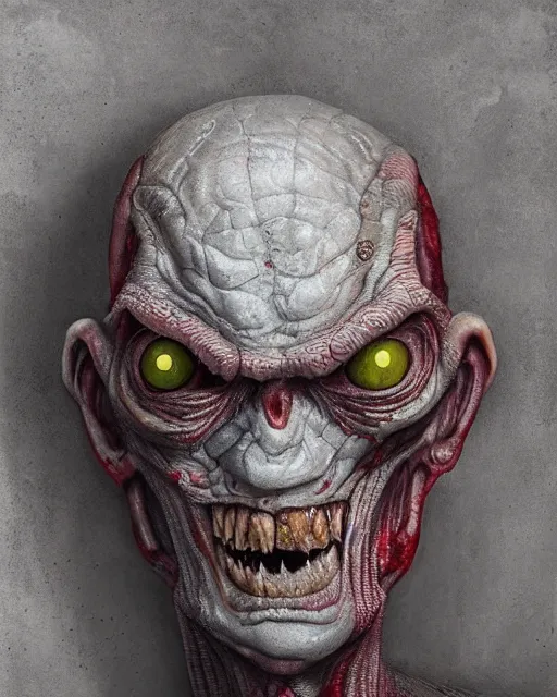 Prompt: Haunting horrifying hyperrealistic detailed painting of a tall slim reptile extraterrestrial creature made of concrete stone brick, covered in, heavy metal, disgusting, creepy, unsettling, and bloodshot eyeballs, hyper detailed, trending on Artstation