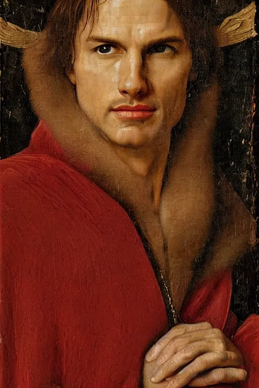 Image similar to renaissance 1 6 0 0 portrait of tom cruise, oil painting by jan van eyck, northern renaissance art, oil on canvas, wet - on - wet technique, realistic, expressive emotions, intricate textures, illusionistic detail