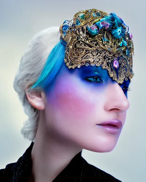 Image similar to natural light, soft focus portrait of a android with soft synthetic pink skin, blue bioluminescent plastics, smooth shiny metal, elaborate ornate head piece, piercings, venetian mask, skin textures, by annie liebovotz, paul lehr,