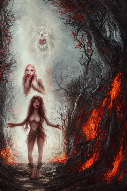 Image similar to Lost souls entering the gates of hell, fire, cheeky devil, eerie, sinister, horror, illustrated byAdrien Borda and Anne Stokes, 4k, 8k