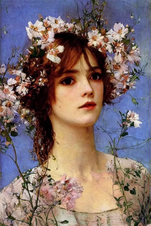 Image similar to close - up fashion woman portrait airy flowers clouds art by vasnetsov