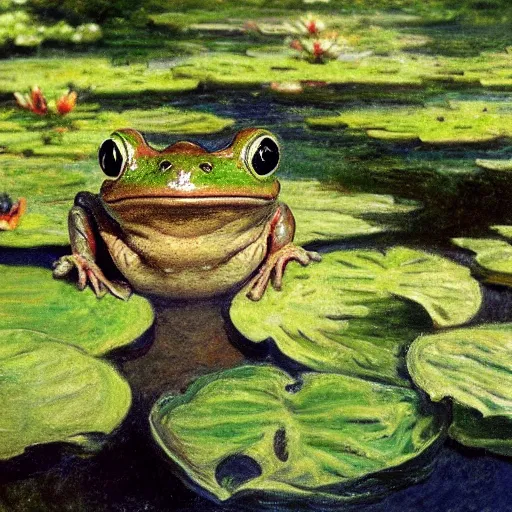 Image similar to !!! sticker!!! close - up of a frog in the water lilies, highly detailed, digital art, matte painting, sharp focus, matte painting, by isaac levitan, monet, asher brown durand,