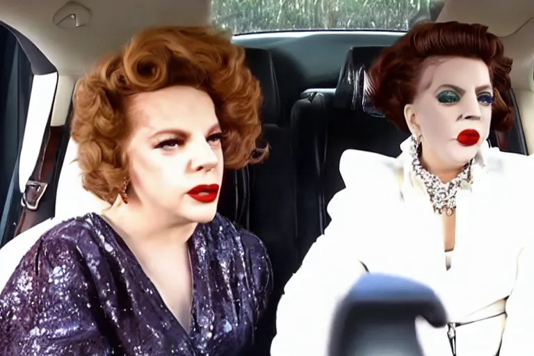 Prompt: judy garland and lady gaga in carpool karaoke, highly realistic, highly detailed, high resolution, 8 k 4 k,