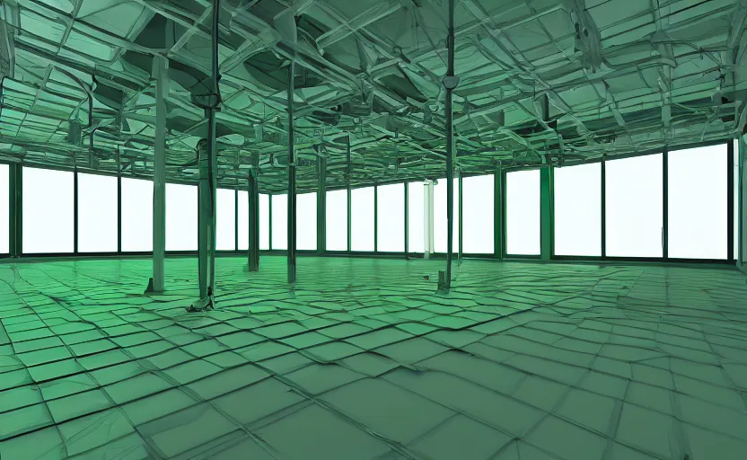 Image similar to empty room, open shiny floor, big solid colourful 3 d shapes, green house unreal engine and v - ray render.