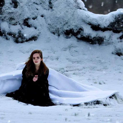 Image similar to emma watson laying in snowdrift, clutching blanky