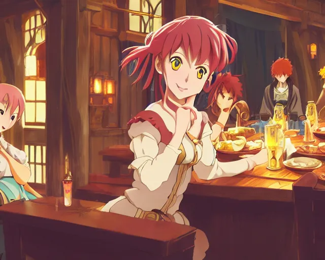 Image similar to anime visual, portrait of a young female traveler in a busy fantasy medieval tavern interior, cute face by yoh yoshinari, seven deadly sins anime, studio lighting, dynamic pose, dynamic perspective, strong silhouette, anime cels, cel shaded, slayers, in focus, rounded eyes