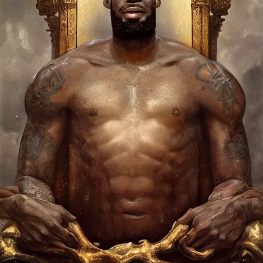 Prompt: lebron james is sitting on the throne of purity | highly detailed matte painting, hyperrealistic, very intrincate | cinematic lighting, award - winning | by rachel ruysch, giger, beksinski and bocklin | by austin osman spare and william blake, trending on artstation, cgsociety