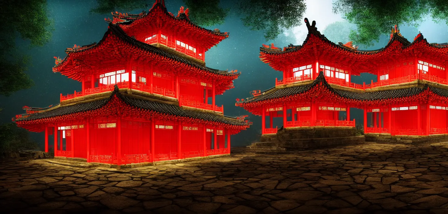 Image similar to a traditional chinese building in the forest at night, big round glowing multicoloured portal house, central symmetrical composition, incredible, vector art, octane render, fabulous, hyper detailed, random cinematic view, no noise, global illumination, warm lighting, volumetric, godrays, vivid, beautiful, by oliver beck