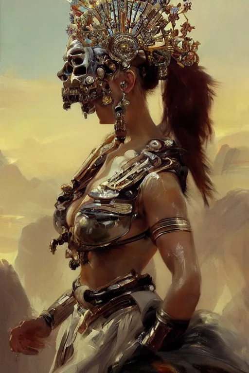 Image similar to beautiful expressive oil painting portrait of ancient cyborg god queen with a jeweled skull mask ascending wearing a neo japan crown, art by anders zorn, wonderful masterpiece by greg rutkowski, beautiful cinematic light, american romanticism by greg manchess, jessica rossier