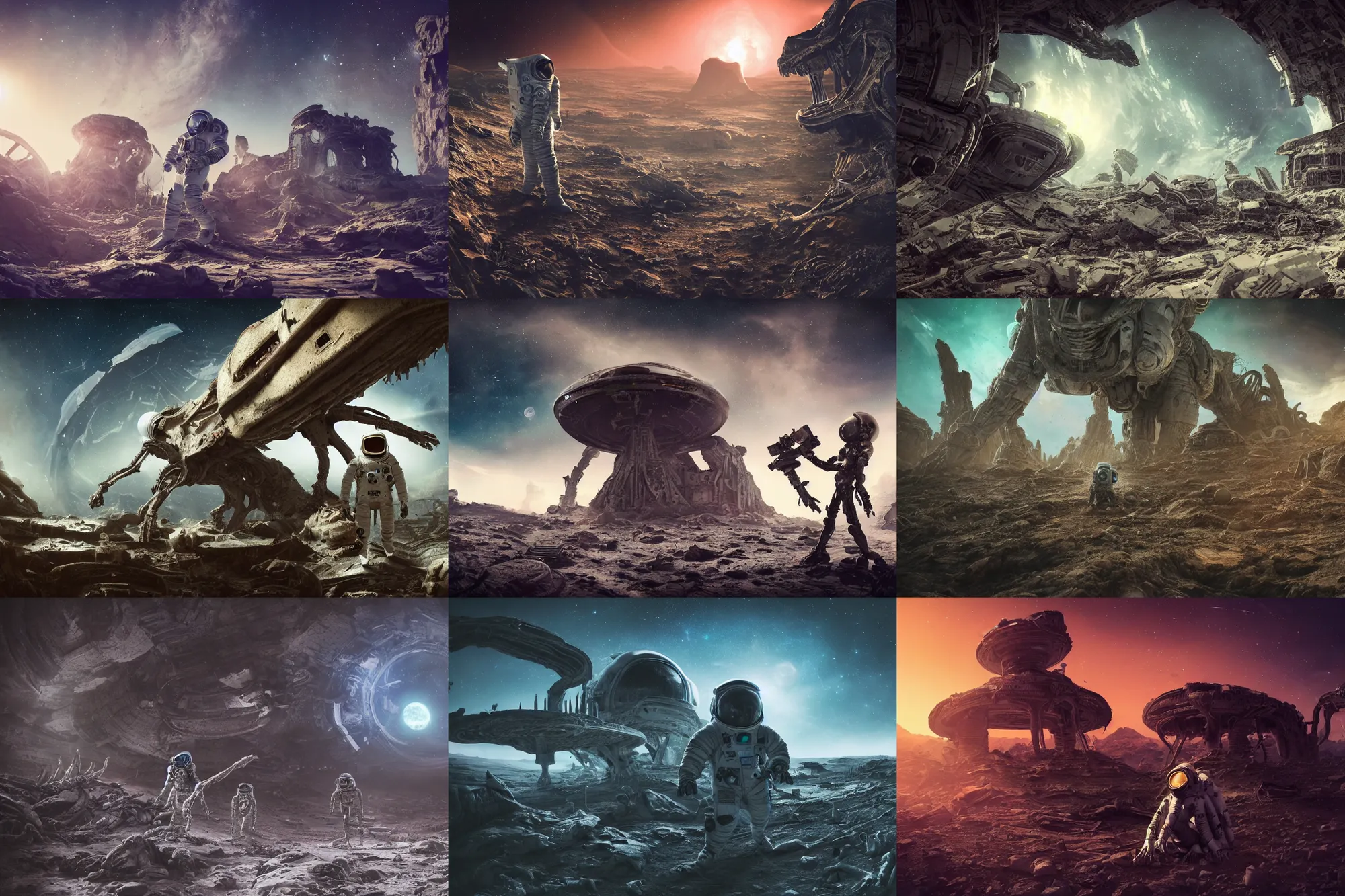 Prompt: photograph of an astronaut exploring an abandoned fallen planet with alien skeletal ruins, alien skulls, fallen kingdom city ruins, science fiction space suit, cinematic, hypermaximalist, detailed, 4k, 8k, breathtaking stars, surrealism, distant, concept art, digital art, sharp focus, reflections, RTX, octane render, acid pixie, Trending on DeviantArt