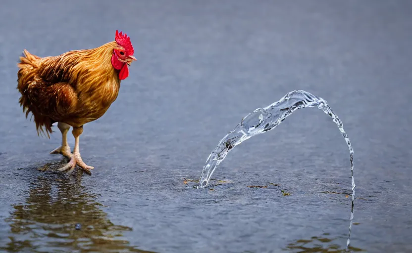 Image similar to Professional photo of a Close up photo of a chicken, drinking water from a lake in Tasmania, bokeh, 100mm lens, 8K award winning nature photography