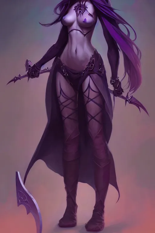 Prompt: Full body character concept art of a female Drow necromancer, scythe, pretty face, long dark hair, by Stanley Artgerm Lau, WLOP, Rossdraws, James Jean, Andrei Riabovitchev, Marc Simonetti, and Sakimichan, tranding on artstation