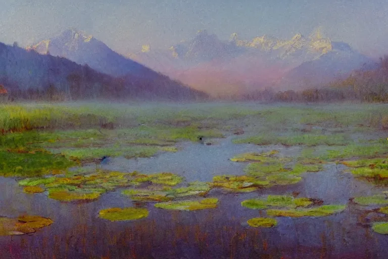 Image similar to impressionism painting of a pond of water lily on a foggy morning, sun low on horizon through snow capped mountains, soft light, misty