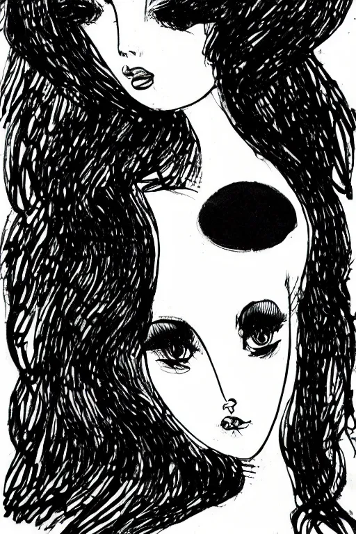 Prompt: ink lineart drawing of a beautiful woman, doll face, big lips, white background, etchings by goya, chinese brush pen, illustration, high contrast, deep black tones contour