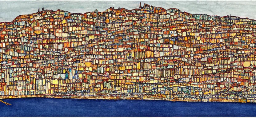 Image similar to scientific illustration of san francisco skyline, egon schiele portrait style