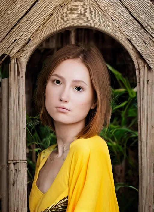 Prompt: portrait photograph of beautiful young female model, symmetric face, symmetric eyes, slight smile, natural light, wearing a yellow kimono with a very detailed barn owl on her shoulder!!! in a tropical greenhouse. looking at the camera!!. super resolution. Extremely detailed. Graflex camera, bokeh.