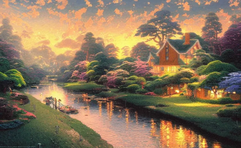 Prompt: A painting of Thomas Kinkade named A river of light that leads to God in colaboration with Studio Ghibli,