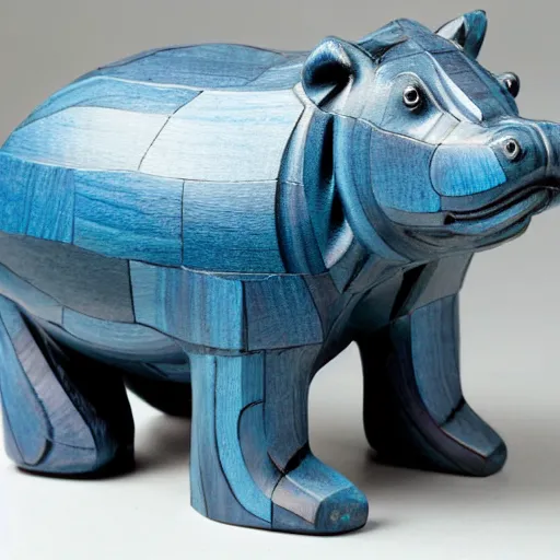 Prompt: wood block small hippo statue, wood blocks bottom hippo body, blue chrome top hippo body, by a genius craftsman, highly detailed, wood block legs made of polished wooden blocks