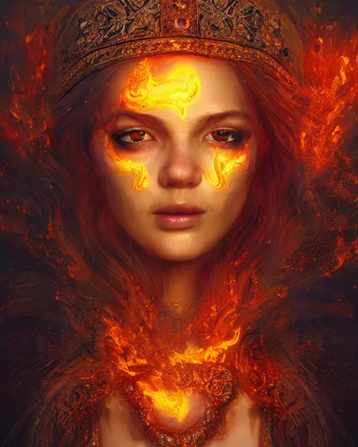 Image similar to a highly detailed portrait of beautiful female pyromancer radiating a majestic fiery aura, ornate royal robes, head and shoulders portrait, intricate, digital painting, old english, raining, sepia, particles floating, whimsical background by marc simonetti, artwork by ramond swanland and liam wong