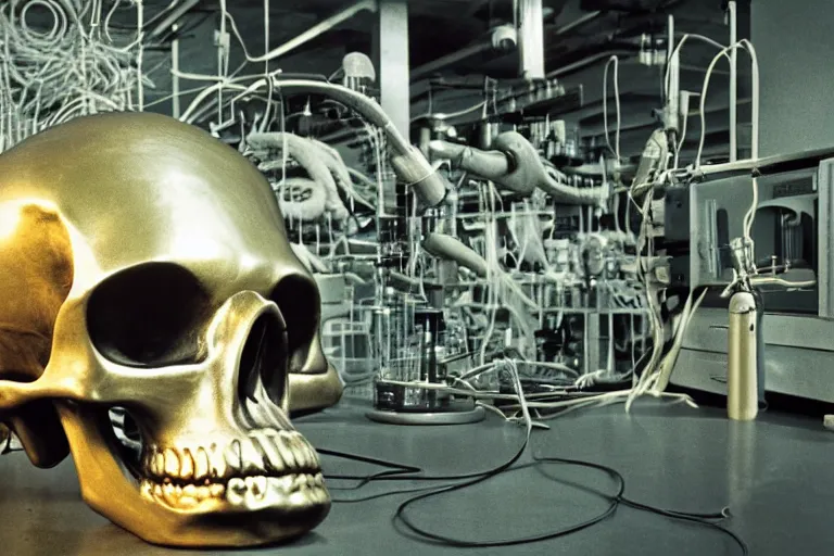 Prompt: large metallic skull sitting atop a pile of thick coiled power cable, stoic and calm, inside of an unlit 1970s science lab, full color ektachrome photograph, volumetric lighting, f8 aperture, cinematic Eastman 5384 film