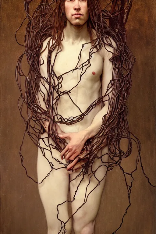 Image similar to hyperrealist portrait of elijah zu bailey, it is decorated with long wires that fall like vines and wears small computers over their body. by jeremy mann and alphonse mucha, fantasy art, photo realistic, dynamic lighting, artstation, poster, volumetric lighting, very detailed faces, 4 k, award winning, hands on hip