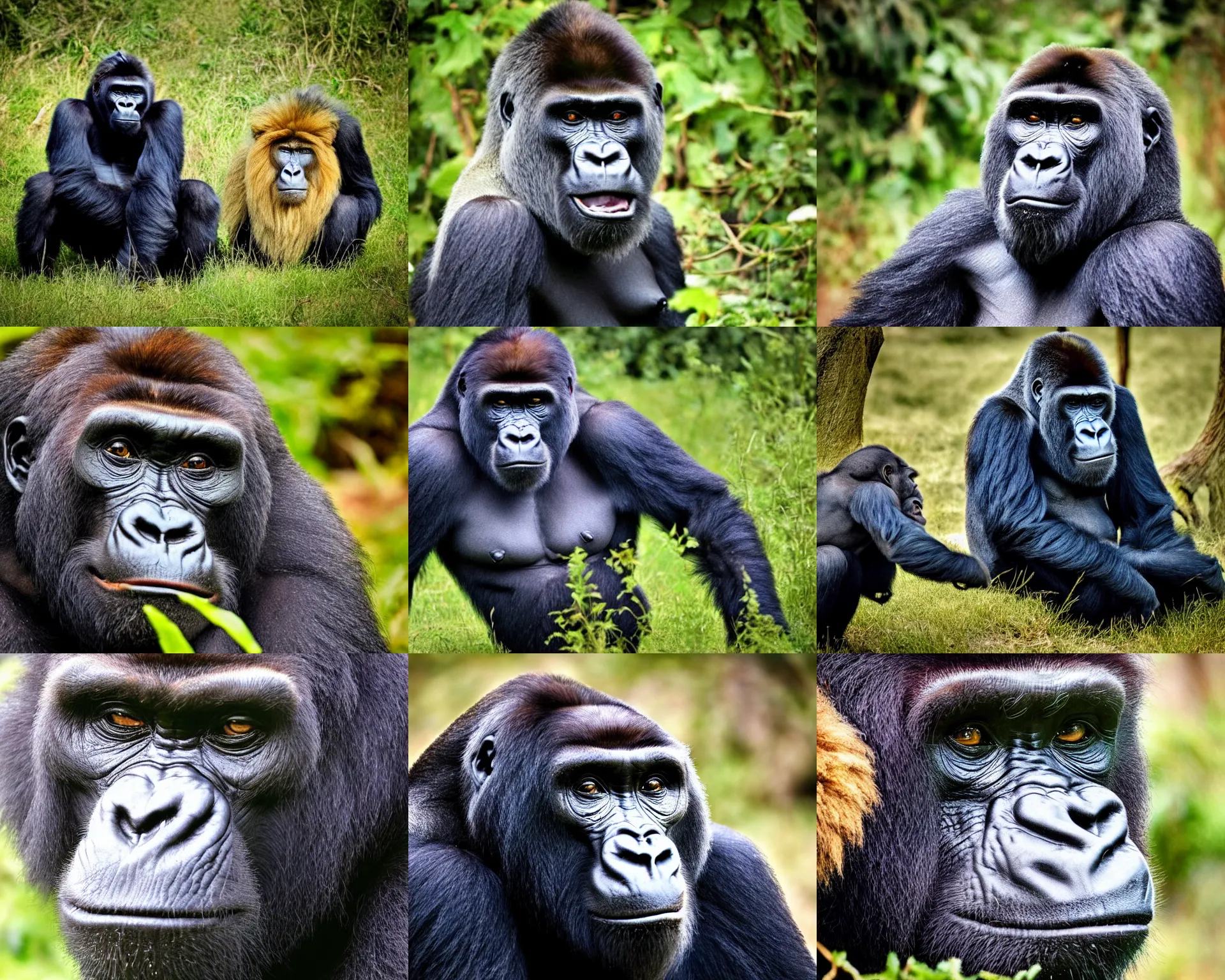 Prompt: magnificent photography of a gorilla with a lion head