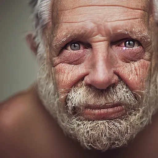 Image similar to portrait of a baby that looks like an old man, old skin, gray hair, gray beard, 8k, photo by annie leibovitz