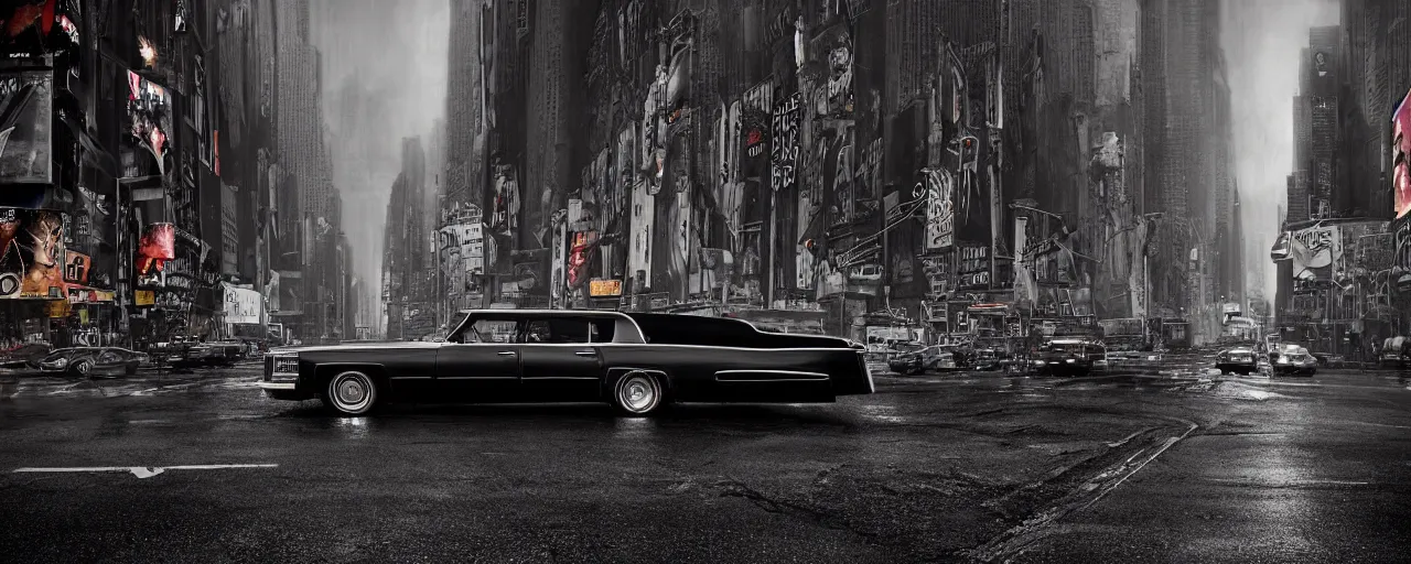 Prompt: !dream A mysterious figure sitting in a black 1970's Cadillac DeVille with the headlights on, smoking a cigarette, parked on the side of the road in the city of New York while it is raining, vibrant colors, by Stephen King, dark and dim, moody, sinister, cinematic lighting, 8k render, hyperrealistic